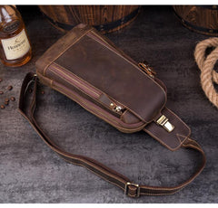 Cool Brown Leather Mens Sling Bag Sling Pack Crossbody Backpack Chest Bag for men - iwalletsmen