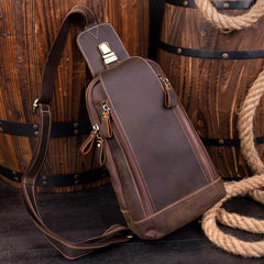Cool Brown Leather Mens Sling Bag Sling Pack Crossbody Backpack Chest Bag for men - iwalletsmen