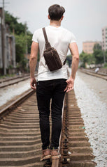 Vintage Brown Leather Mens Crossbody Pack Sling Bag Sling Pack Casual Chest Bags One Shoulder Backpack for Men - iwalletsmen
