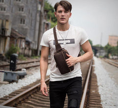 Vintage Brown Leather Mens Crossbody Pack Sling Bag Sling Pack Casual Chest Bags One Shoulder Backpack for Men - iwalletsmen