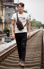 Vintage Brown Leather Mens Crossbody Pack Sling Bag Sling Pack Casual Chest Bags One Shoulder Backpack for Men - iwalletsmen