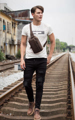Vintage Brown Leather Mens Crossbody Pack Sling Bag Sling Pack Casual Chest Bags One Shoulder Backpack for Men - iwalletsmen