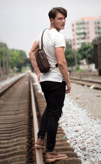 Vintage Brown Leather Mens Crossbody Pack Sling Bag Sling Pack Casual Chest Bags One Shoulder Backpack for Men - iwalletsmen