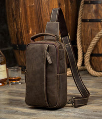 Vintage Brown Leather Mens Crossbody Pack Sling Bag Sling Pack Casual Chest Bags One Shoulder Backpack for Men - iwalletsmen