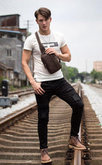 Vintage Brown Leather Mens Crossbody Pack Sling Bag Sling Pack Casual Chest Bags One Shoulder Backpack for Men - iwalletsmen
