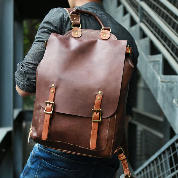 Dark Brown Leather Mens Backpack Travel Backpacks Laptop Backpack for men - iwalletsmen