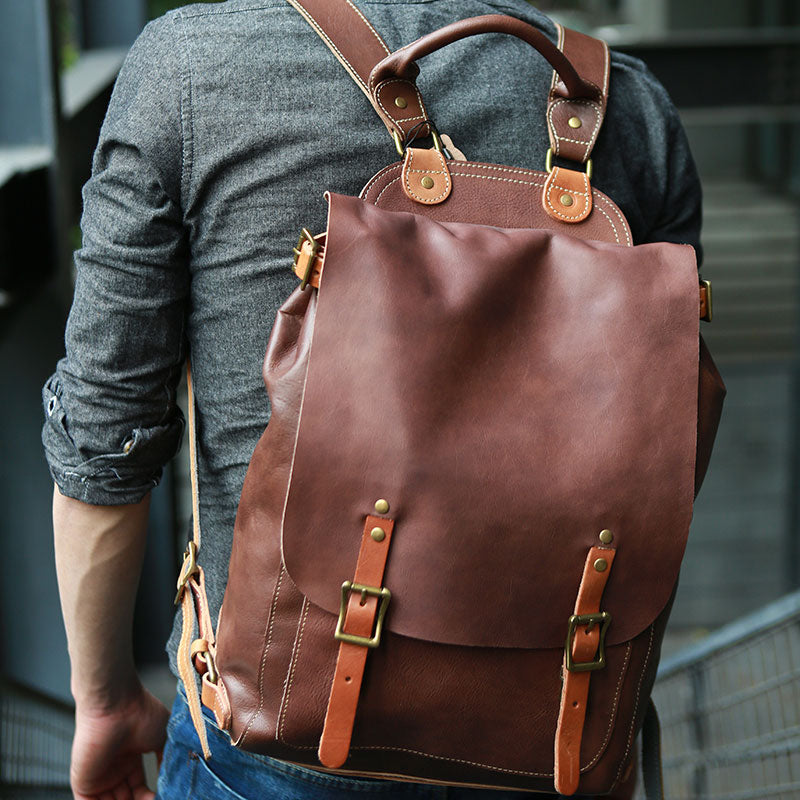 Dark Brown Leather Mens Backpack Travel Backpacks Laptop Backpack for men - iwalletsmen