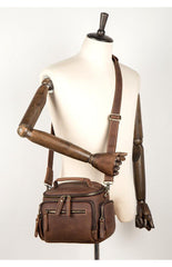 Vintage Dark Brown Leather Mens Camera Shoulder Bag Small Messenger Bag Courier Bag for Men - iwalletsmen