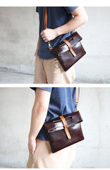 Dark Coffee  Leather Mens Casual Small Side Bags Messenger Bags Brown Postman Bag For Men - iwalletsmen