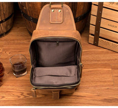 Cool Brown Leather Mens Sling Pack Sling Bag Crossbody Pack One Shoulder Pack Chest Bag for men - iwalletsmen