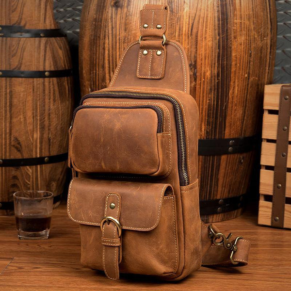 Cool Brown Leather Mens Sling Pack Sling Bag Crossbody Pack One Shoulder Pack Chest Bag for men - iwalletsmen