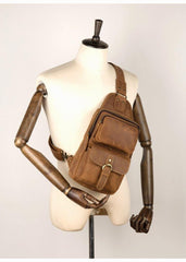 Cool Brown Leather Mens Sling Pack Sling Bag Crossbody Pack One Shoulder Pack Chest Bag for men - iwalletsmen