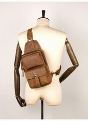 Cool Brown Leather Mens Sling Pack Sling Bag Crossbody Pack One Shoulder Pack Chest Bag for men - iwalletsmen