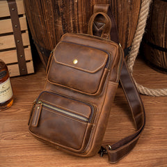 Cool Brown Leather Mens Sling Pack Sling Bags Coffee Crossbody Pack Chest Bag for men - iwalletsmen