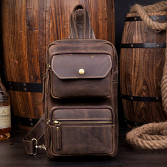 Cool Brown Leather Mens Sling Pack Sling Bags Coffee Crossbody Pack Chest Bag for men - iwalletsmen