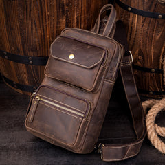 Cool Brown Leather Mens Sling Pack Sling Bags Coffee Crossbody Pack Chest Bag for men - iwalletsmen
