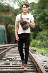 Cool Brown Leather Mens Sling Pack Sling Bags Coffee Crossbody Pack Chest Bag for men - iwalletsmen