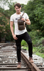 Cool Brown Leather Mens Sling Pack Sling Bags Coffee Crossbody Pack Chest Bag for men - iwalletsmen