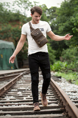Cool Brown Leather Mens Sling Pack Sling Bags Coffee Crossbody Pack Chest Bag for men - iwalletsmen