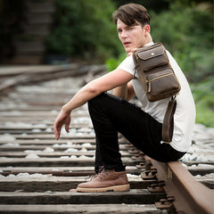 Cool Brown Leather Mens Sling Pack Sling Bags Coffee Crossbody Pack Chest Bag for men - iwalletsmen