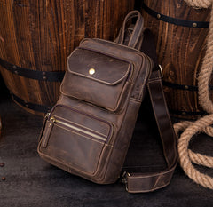 Cool Brown Leather Mens Sling Pack Sling Bags Coffee Crossbody Pack Chest Bag for men - iwalletsmen