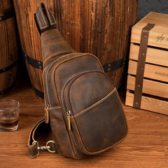 Cool Dark Brown Leather Mens Crossbody Pack Sling Bags Brown One Shoulder Pack Chest Bag for men - iwalletsmen