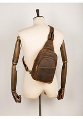 Cool Dark Brown Leather Mens Crossbody Pack Sling Bags Brown One Shoulder Pack Chest Bag for men - iwalletsmen