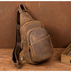 Cool Dark Brown Leather Mens Crossbody Pack Sling Bags Brown One Shoulder Pack Chest Bag for men - iwalletsmen