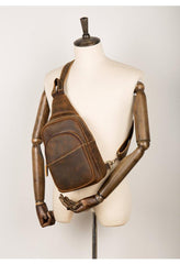 Cool Dark Brown Leather Mens Crossbody Pack Sling Bags Brown One Shoulder Pack Chest Bag for men - iwalletsmen