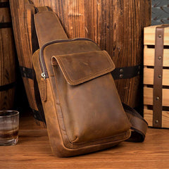 Cool Dark Brown Leather Mens Sling Bag Crossbody Pack One Shoulder Pack Brown Chest Bag for men - iwalletsmen