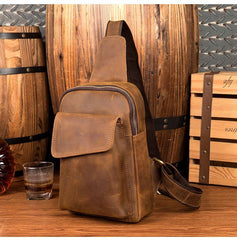 Cool Dark Brown Leather Mens Sling Bag Crossbody Pack One Shoulder Pack Brown Chest Bag for men - iwalletsmen