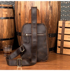 Cool Dark Brown Leather Mens Sling Bag Crossbody Pack One Shoulder Pack Brown Chest Bag for men - iwalletsmen