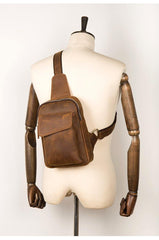 Cool Dark Brown Leather Mens Sling Bag Crossbody Pack One Shoulder Pack Brown Chest Bag for men - iwalletsmen
