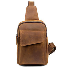 Cool Dark Brown Leather Mens Sling Bag Crossbody Pack One Shoulder Pack Brown Chest Bag for men - iwalletsmen