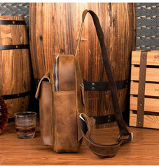 Cool Dark Brown Leather Mens Sling Bag Crossbody Pack One Shoulder Pack Brown Chest Bag for men - iwalletsmen
