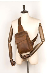 Cool Dark Brown Leather Mens Sling Bag Crossbody Pack One Shoulder Pack Brown Chest Bag for men - iwalletsmen