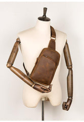 Dark Brown Leather Mens Cool Sling Bags Brown Crossbody Pack Chest Bag One Shoulder Backpack for men - iwalletsmen