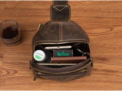 Cool Dark Brown Leather Mens Sling Bags Crossbody Pack One Shoulder Backpack Chest Bag for men - iwalletsmen