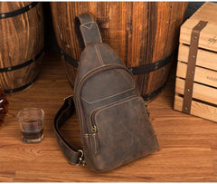 Cool Dark Brown Leather Mens Sling Bags Crossbody Pack One Shoulder Backpack Chest Bag for men - iwalletsmen
