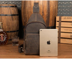 Cool Dark Brown Leather Mens Sling Bags Crossbody Pack One Shoulder Backpack Chest Bag for men - iwalletsmen