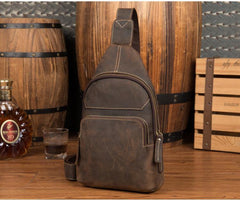 Cool Dark Brown Leather Mens Sling Bags Crossbody Pack One Shoulder Backpack Chest Bag for men - iwalletsmen