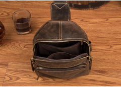 Cool Dark Brown Leather Mens Sling Bags Crossbody Pack One Shoulder Backpack Chest Bag for men - iwalletsmen