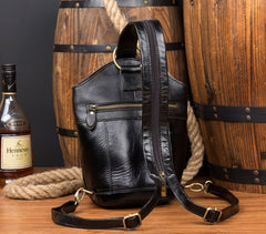 Black Leather Mens Cool Bucket Small Sling Bags Backpack Crossbody Pack Chest Bag for Men - iwalletsmen