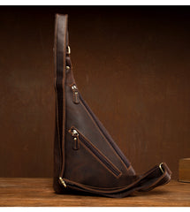 Vintage Brown Leather Mens Sling Bag Coffee Cool Crossbody Pack Chest Bag for men - iwalletsmen