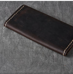 Dark Brown Leather Mens Long Wallet Bifold Brown Clutch Long Wallet For Men - iwalletsmen