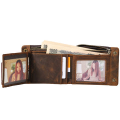Dark Brown Small MENS LEATHER Brown Trifold Wallet SLIM billfold Brown Wallet FOR MEN - iwalletsmen