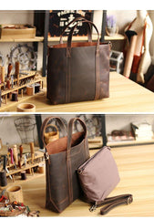 Dark Brown Vintage Leather Men Large Tote Bag Courier Tote Messenger Bag Tote For Men - iwalletsmen