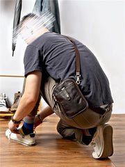 Dark Brown Vintage Leather Mens Small Messenger Bag Waist Bag Black Belt Pouch Bag For Men - iwalletsmen