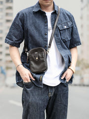 Dark Brown Vintage Leather Mens Small Messenger Bag Waist Bag Black Belt Pouch Bag For Men - iwalletsmen