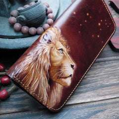 Dark Coffee Handmade Tooled Lion Leather Mens Bifold Long Wallet Zipper Clutch For Men - iwalletsmen